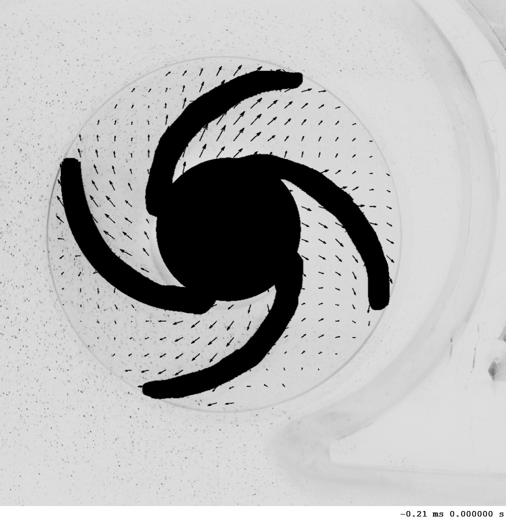Particle image velocimetry image of the impeller in the 3:1 scale model of the HeartMate 3, with measured velocity vectors overlaid on the seeded flow.